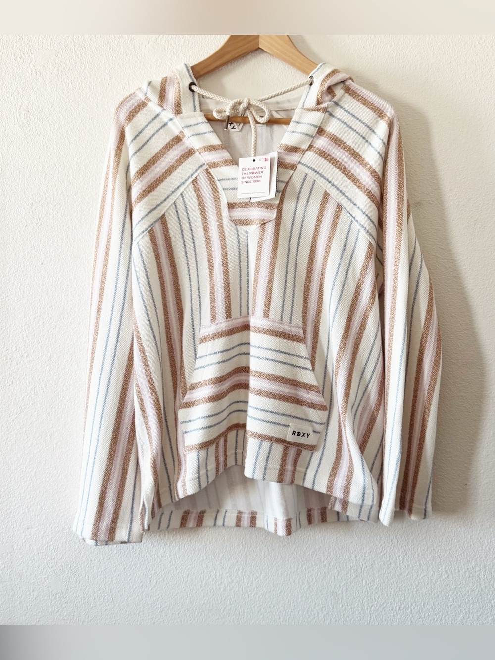 Roxy Women’s Coastal Hooded Pullover Cream, Tan & Light Blue Stripes NWT